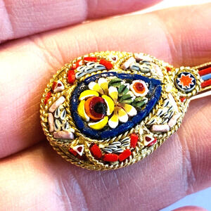 Vintage Micro Mosaic Brooch Pin Balalaika Guitar Goldtone Colorful Floral Music